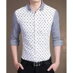 Fashion Shirt Collar Tiny Print Stripe Splicing Slimming Long Sleeve Cotton Blend Button-Down Shirt For Men - White L