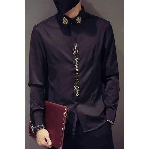 Fashion Slimming Shirt Collar Gold Thread Totem Embroidery Long Sleeve Polyester Shirt For Men - Black M