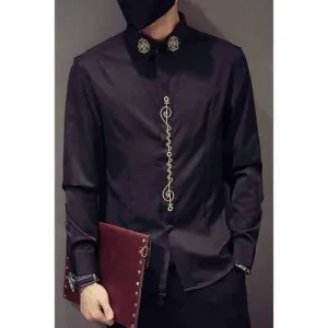 Fashion Slimming Shirt Collar Gold Thread Totem Embroidery Long Sleeve Polyester Shirt For Men - Black M