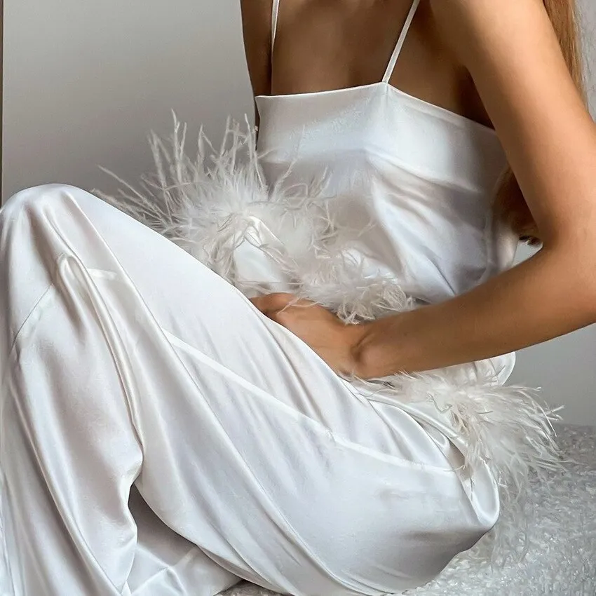 Feathers Sexy Sleepwear For Women Chic Satin Pajamas Set Loose Black Spaghetti Strap Home Suit White Trouser Suits
