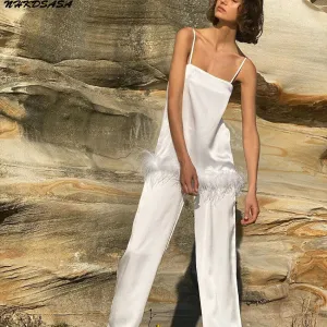 Feathers Sexy Sleepwear For Women Chic Satin Pajamas Set Loose Black Spaghetti Strap Home Suit White Trouser Suits