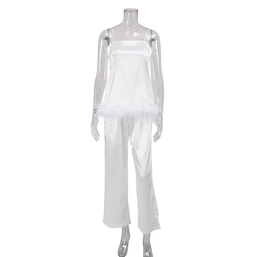 Feathers Sexy Sleepwear For Women Chic Satin Pajamas Set Loose Black Spaghetti Strap Home Suit White Trouser Suits