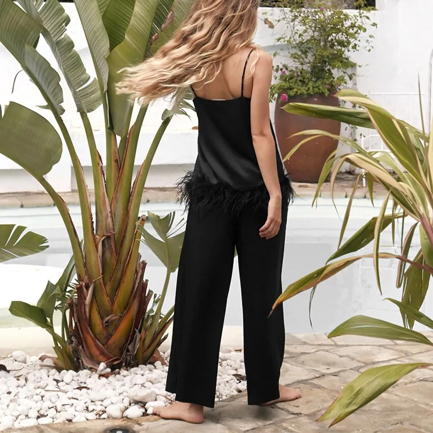 Feathers Sexy Sleepwear For Women Chic Satin Pajamas Set Loose Black Spaghetti Strap Home Suit White Trouser Suits