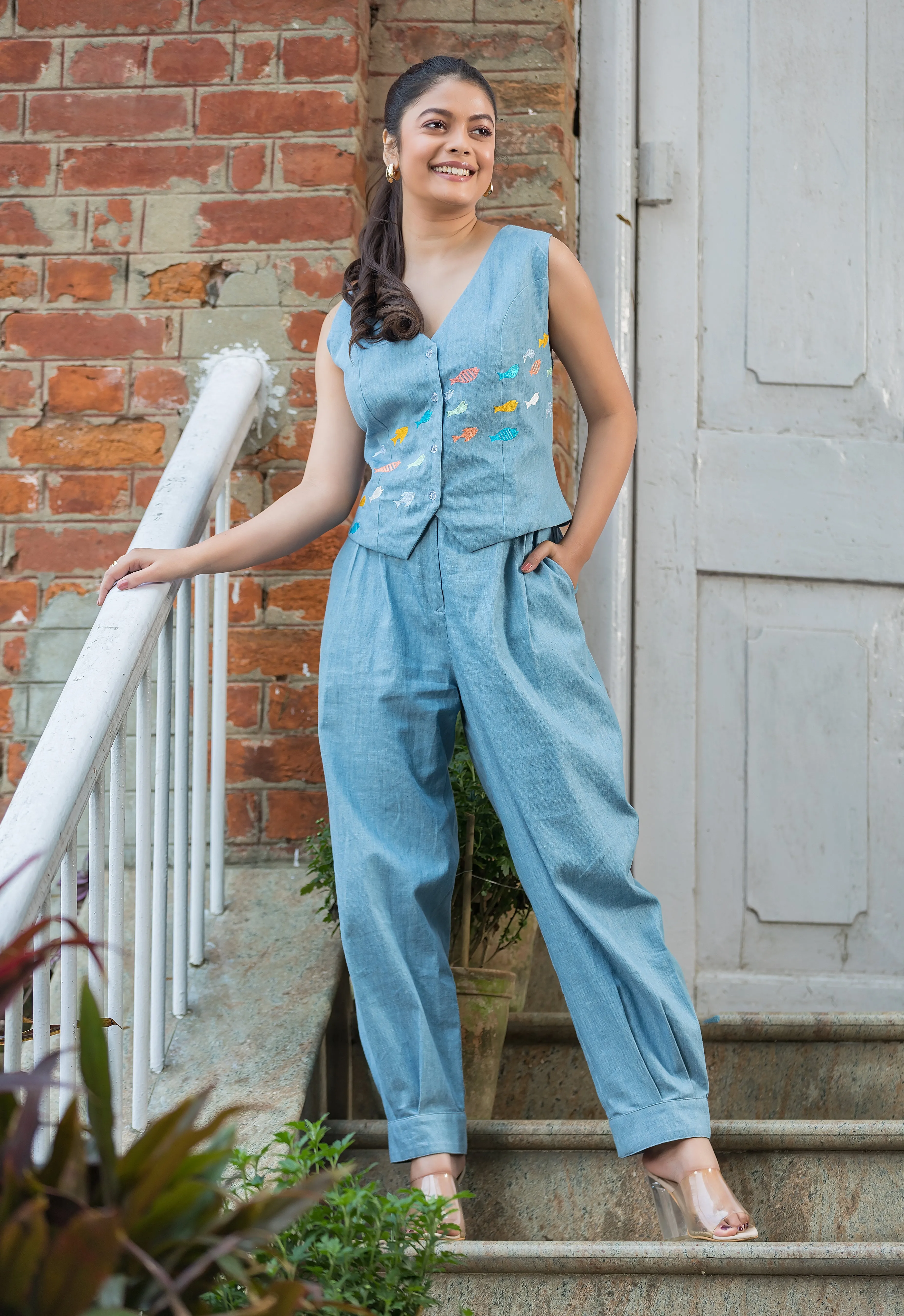 Fishes Embroidered Denim Co-Ords Set