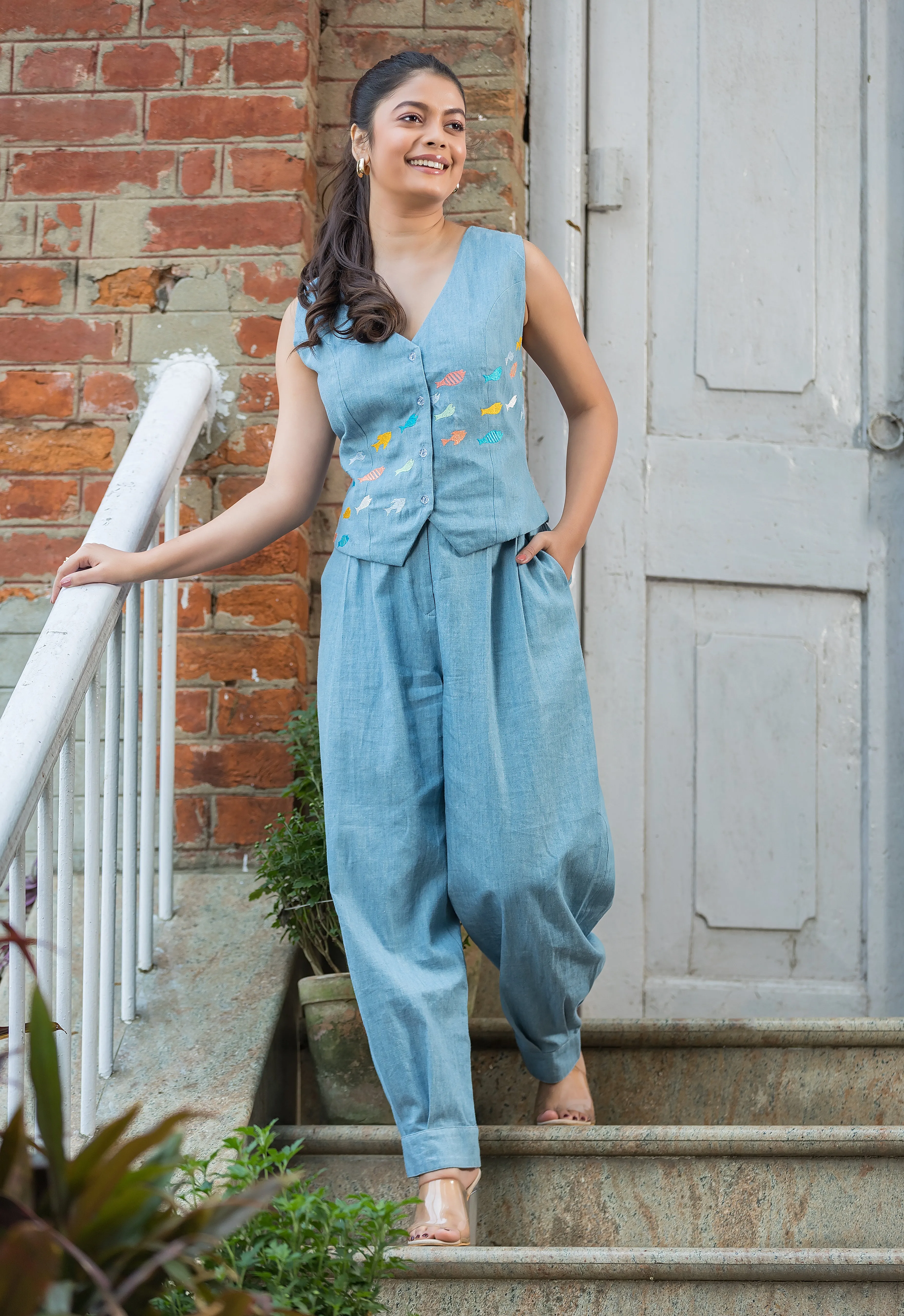 Fishes Embroidered Denim Co-Ords Set