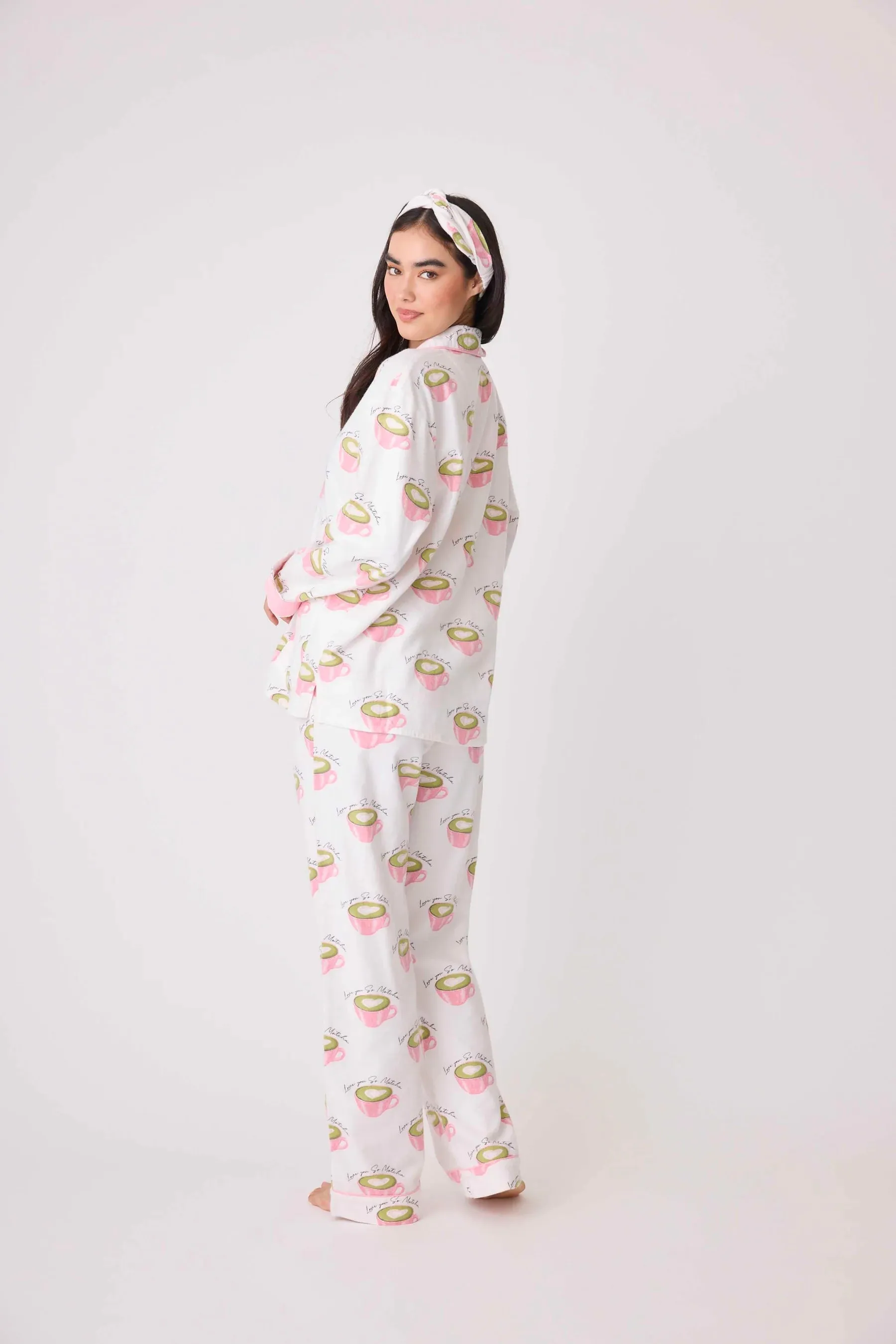 Flannels PJ Set Love You So Matcha In White Linen - P.J. Salvage
