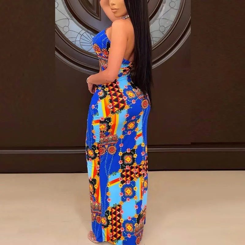 Floral Print Halter Neck Sexy High Split Dress