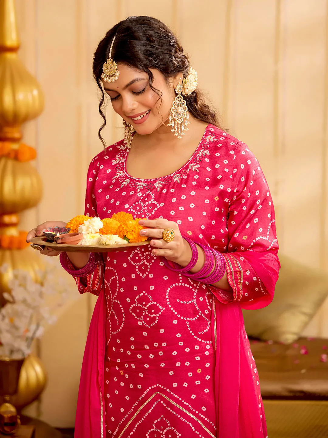 Fuchsia Bandhani Printed Festive Kurta Set With Dupatta