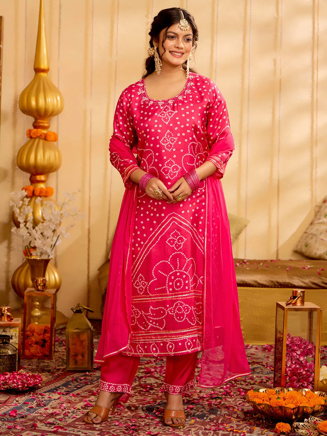 Fuchsia Bandhani Printed Festive Kurta Set With Dupatta