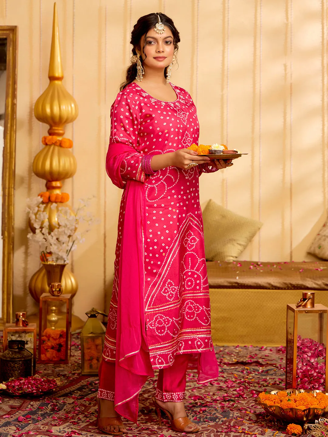 Fuchsia Bandhani Printed Festive Kurta Set With Dupatta