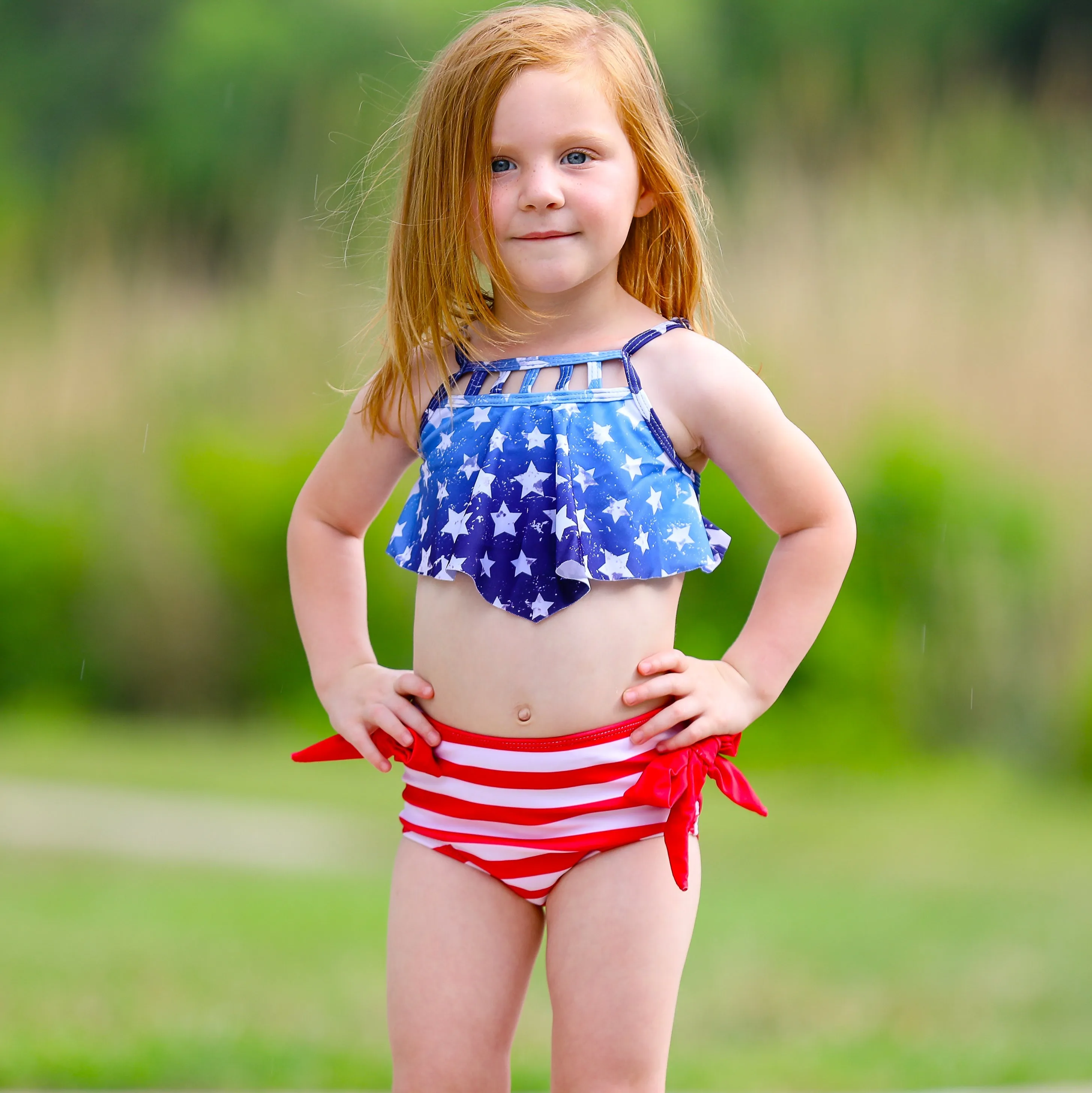 Girls 2 pc Patriotic Red White Blue Stars Stripes Tankini Swimsuit 4th of July