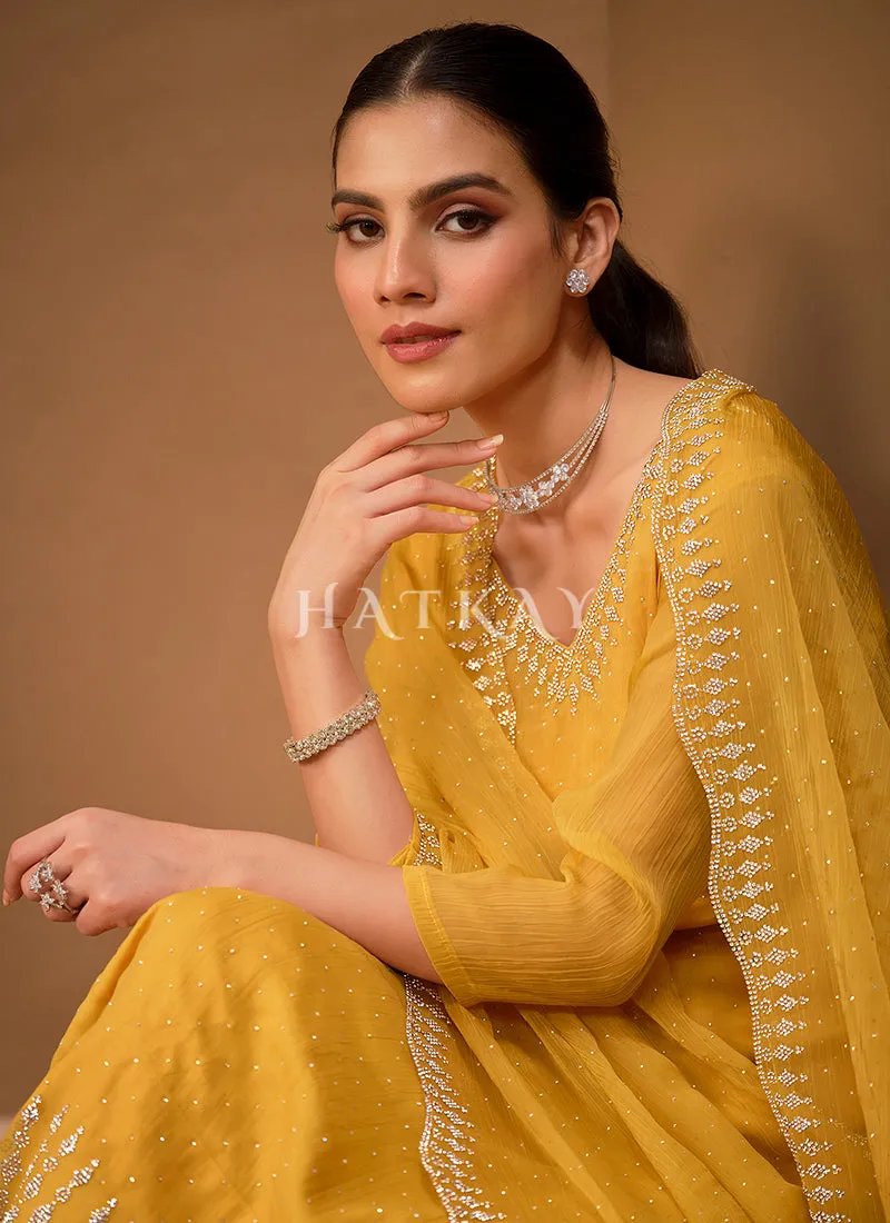 Golden Yellow Crystal Embroidered Pant Style Suit