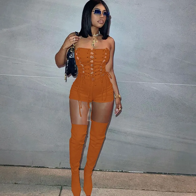 goosudu Lace Up Sexy Jumpsuit Women Club Outfits Elegant Romper Shorts Jumpsuit Bodycon Playsuit One Piece Summer Overalls for Women