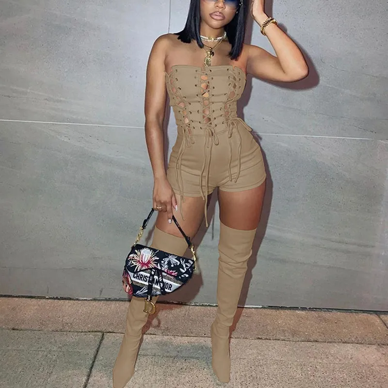 goosudu Lace Up Sexy Jumpsuit Women Club Outfits Elegant Romper Shorts Jumpsuit Bodycon Playsuit One Piece Summer Overalls for Women