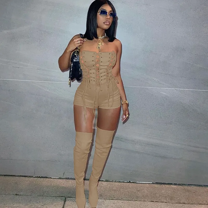 goosudu Lace Up Sexy Jumpsuit Women Club Outfits Elegant Romper Shorts Jumpsuit Bodycon Playsuit One Piece Summer Overalls for Women
