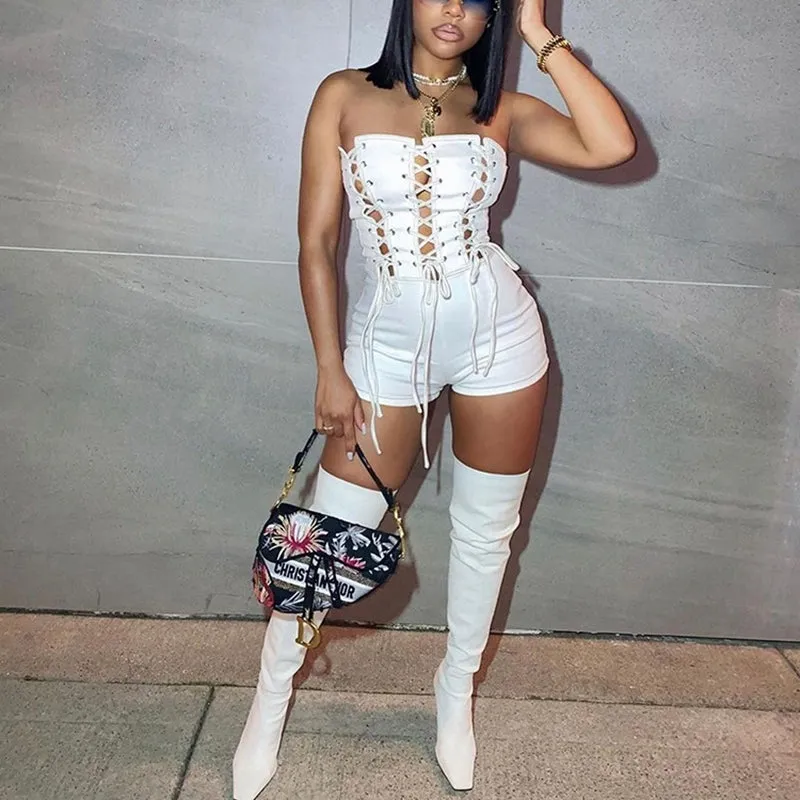 goosudu Lace Up Sexy Jumpsuit Women Club Outfits Elegant Romper Shorts Jumpsuit Bodycon Playsuit One Piece Summer Overalls for Women