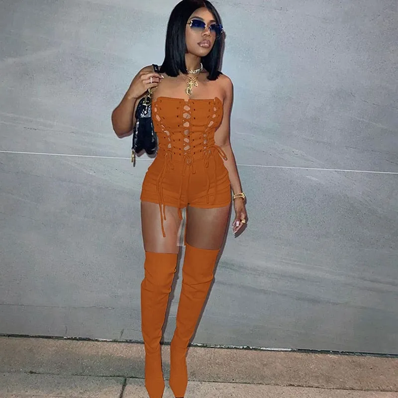 goosudu Lace Up Sexy Jumpsuit Women Club Outfits Elegant Romper Shorts Jumpsuit Bodycon Playsuit One Piece Summer Overalls for Women