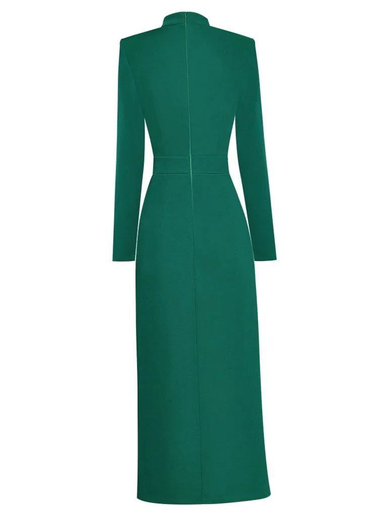 Green Bow Collar Long Sleeve 1940S Bodycon Vintage Dress With Golden Button