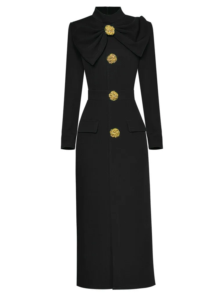 Green Bow Collar Long Sleeve 1940S Bodycon Vintage Dress With Golden Button