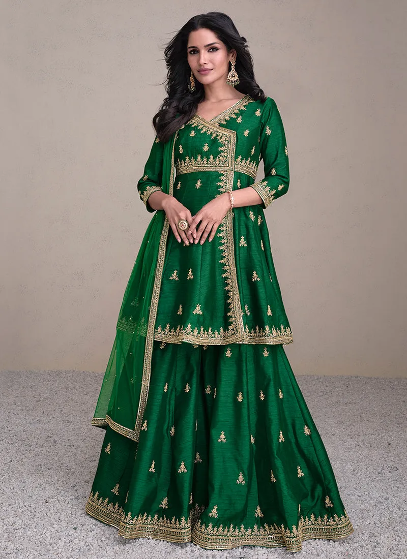 Green Golden Embroidered Angrakha Style Gharara Suit