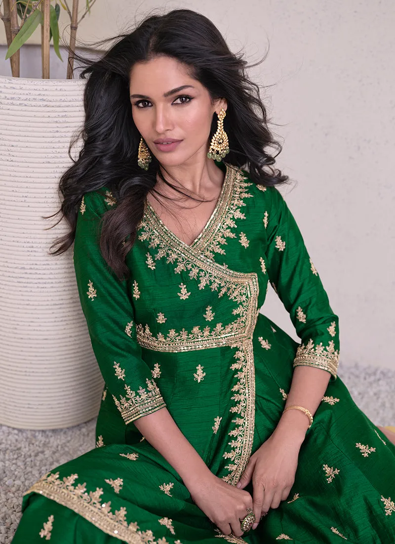 Green Golden Embroidered Angrakha Style Gharara Suit