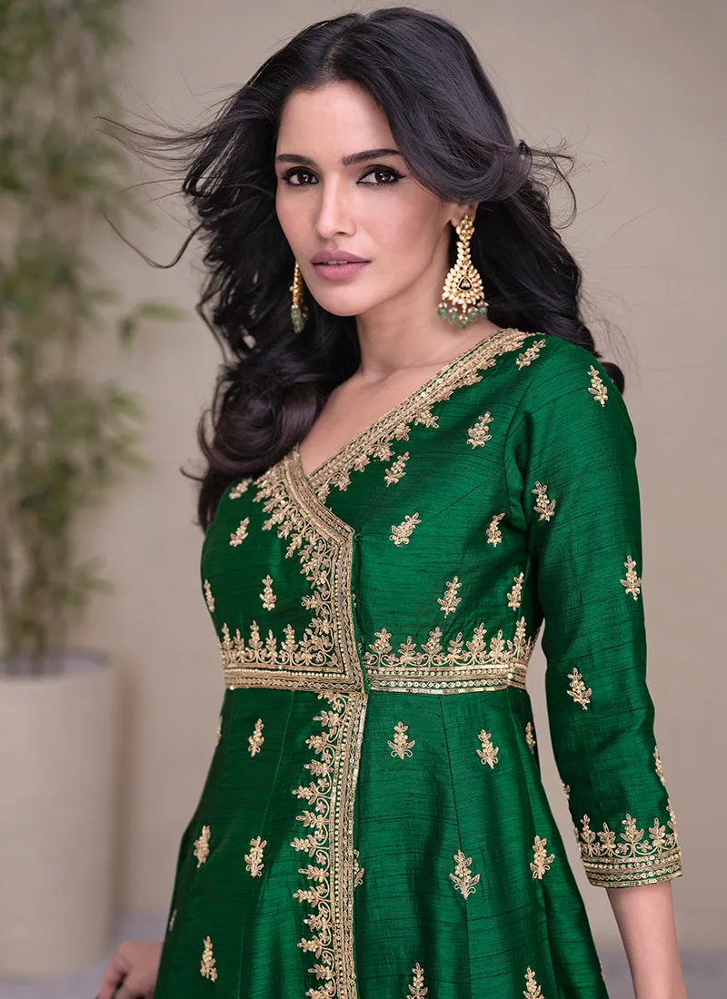 Green Golden Embroidered Angrakha Style Gharara Suit
