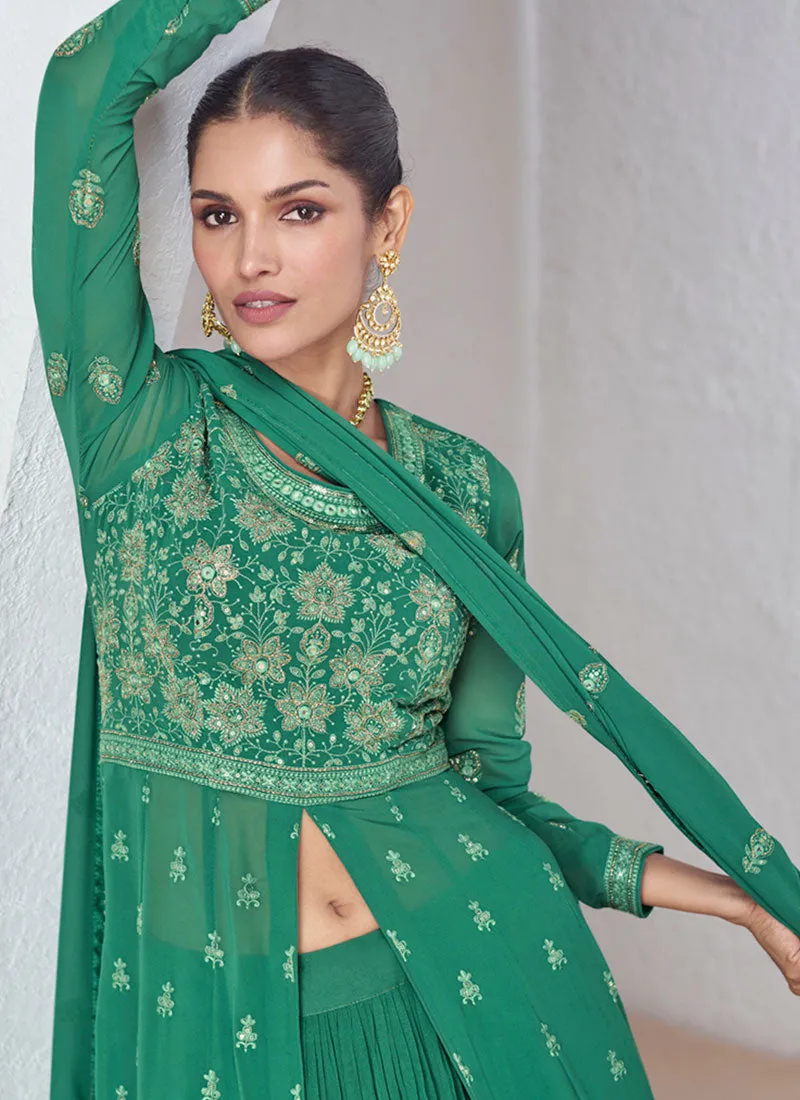 Green Golden Multi Embroidery Slit Style Anarkali Lehenga