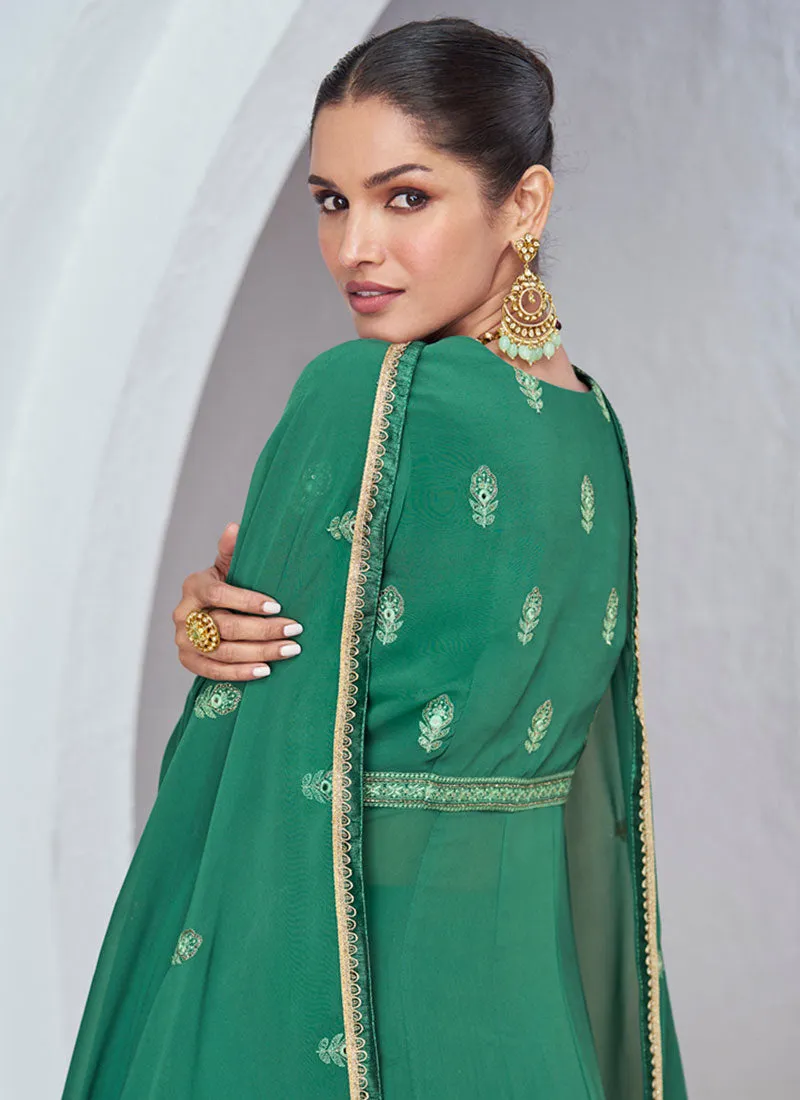 Green Golden Multi Embroidery Slit Style Anarkali Lehenga