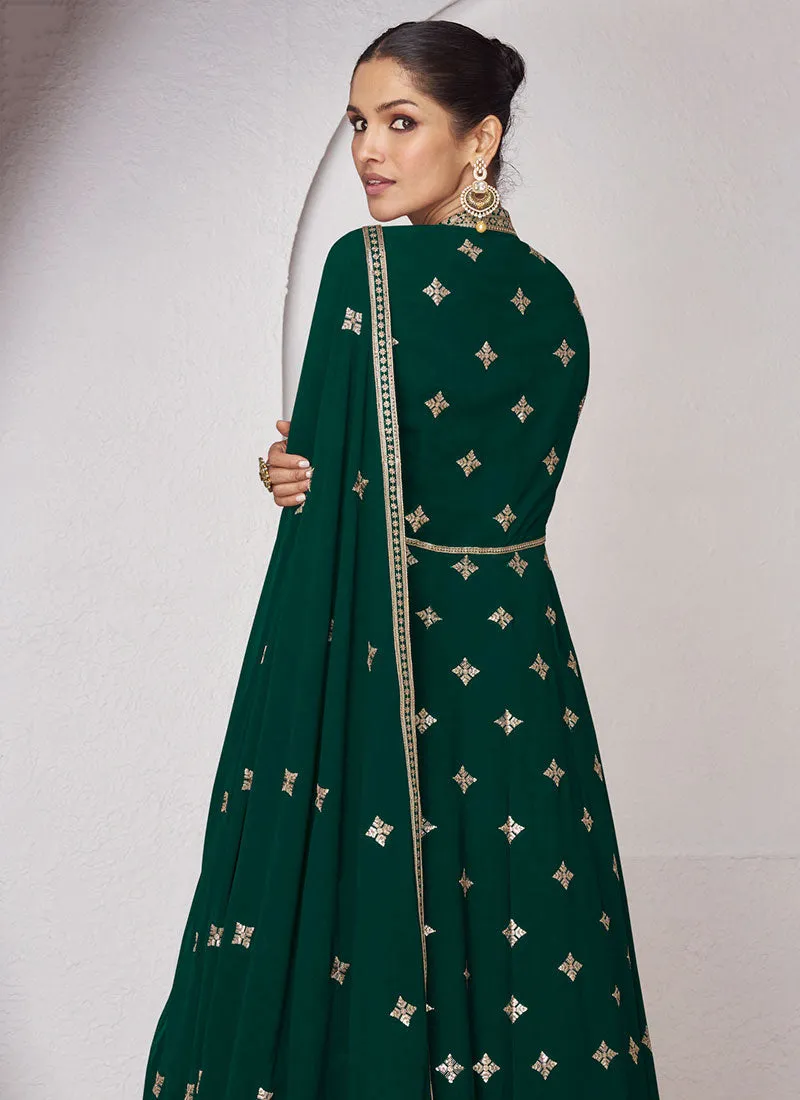 Green Golden Sequence Embroidery Slit Style Anarkali Lehenga Suit
