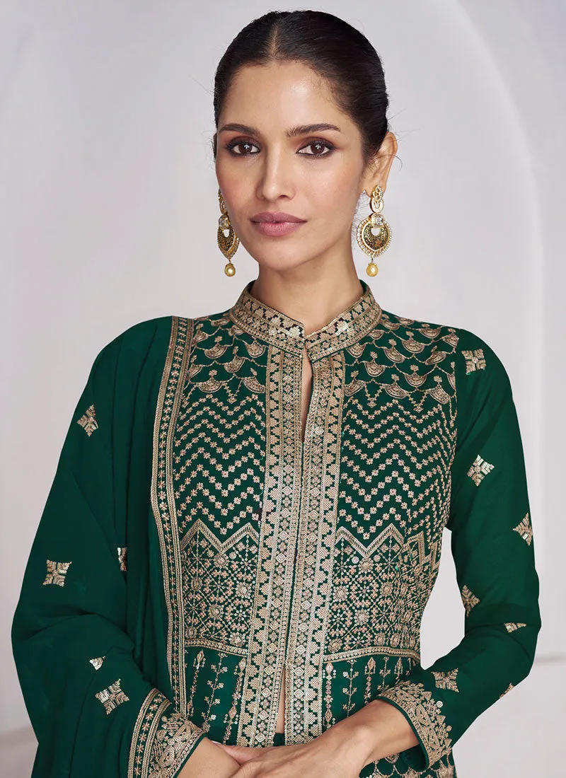 Green Golden Sequence Embroidery Slit Style Anarkali Lehenga Suit