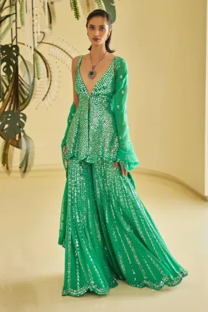 Green Mirror Work Sharara Set