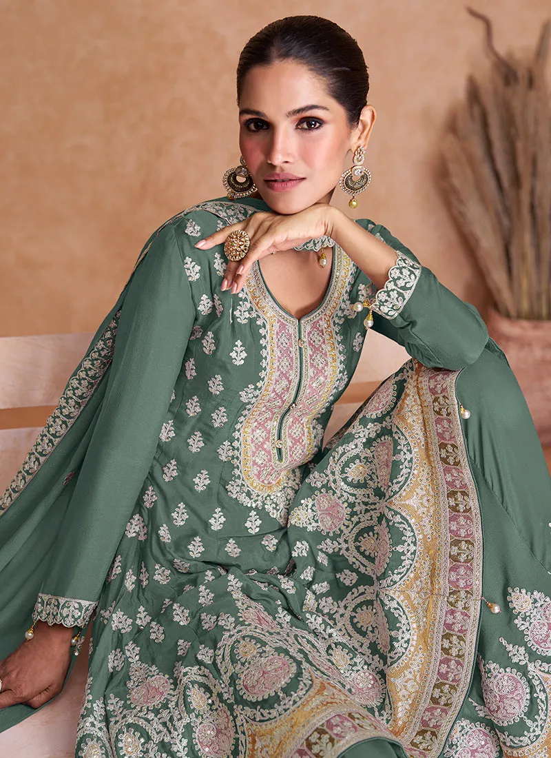Green Multi Embroidery Wedding Gharara Style Suit
