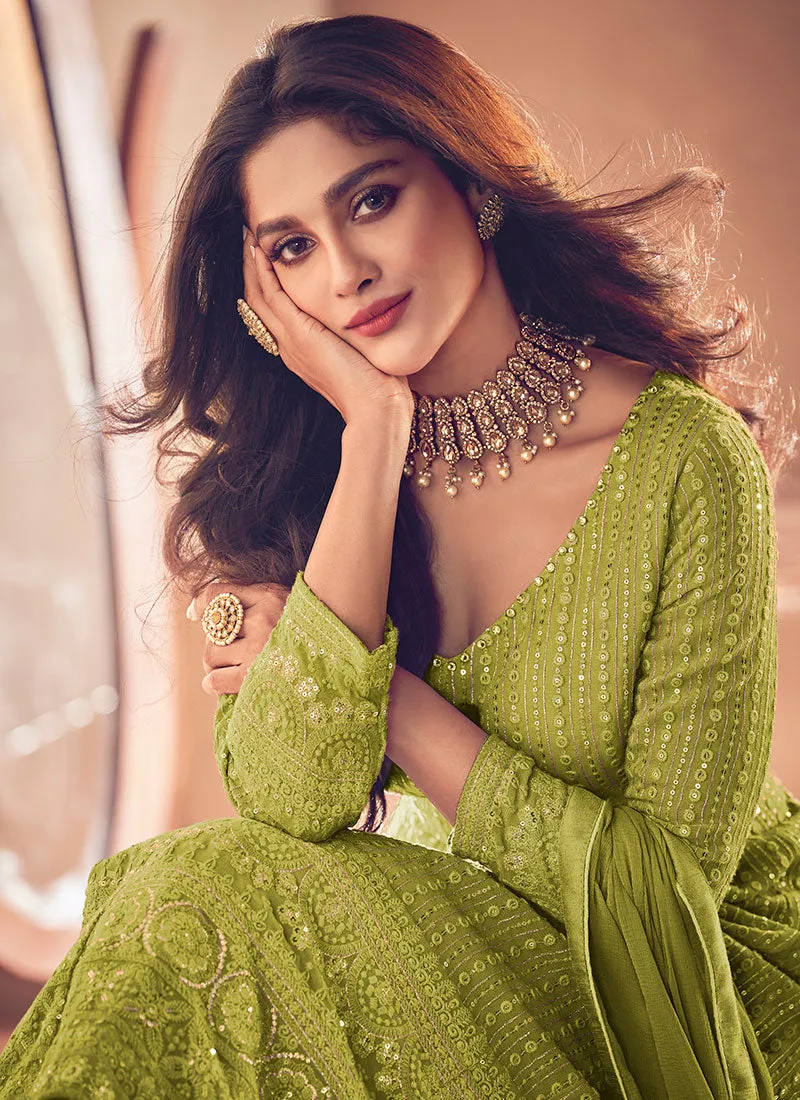 Green Traditional Sequence Embroidered Wedding Anarkali Lehenga