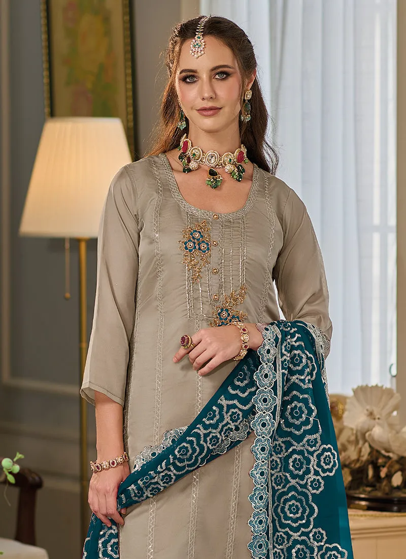Grey And Turquoise Embroidery Salwar Kameez Suit