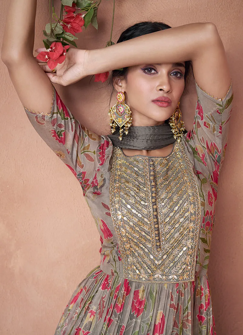 Grey Multi Designer Embroidered Printed Anarkali Gown