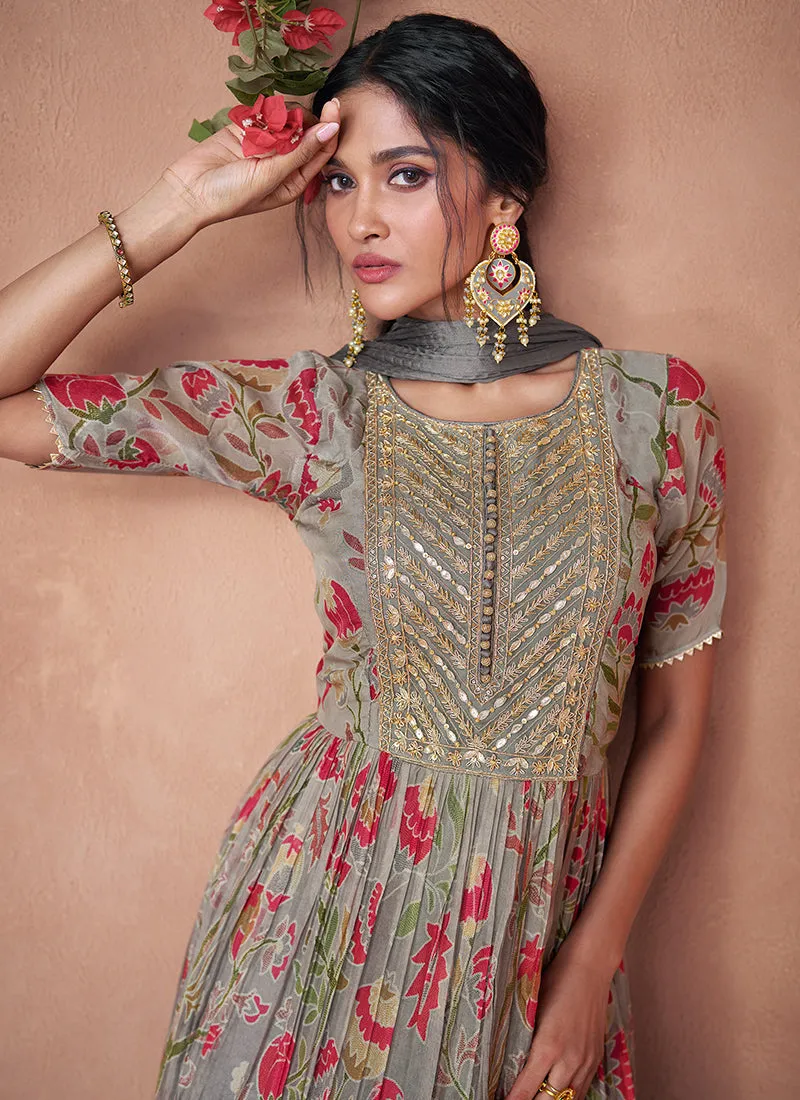 Grey Multi Designer Embroidered Printed Anarkali Gown