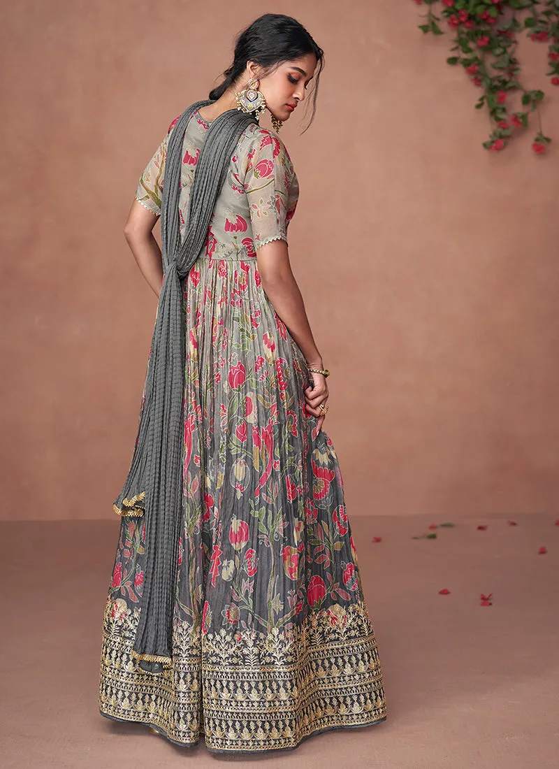 Grey Multi Designer Embroidered Printed Anarkali Gown