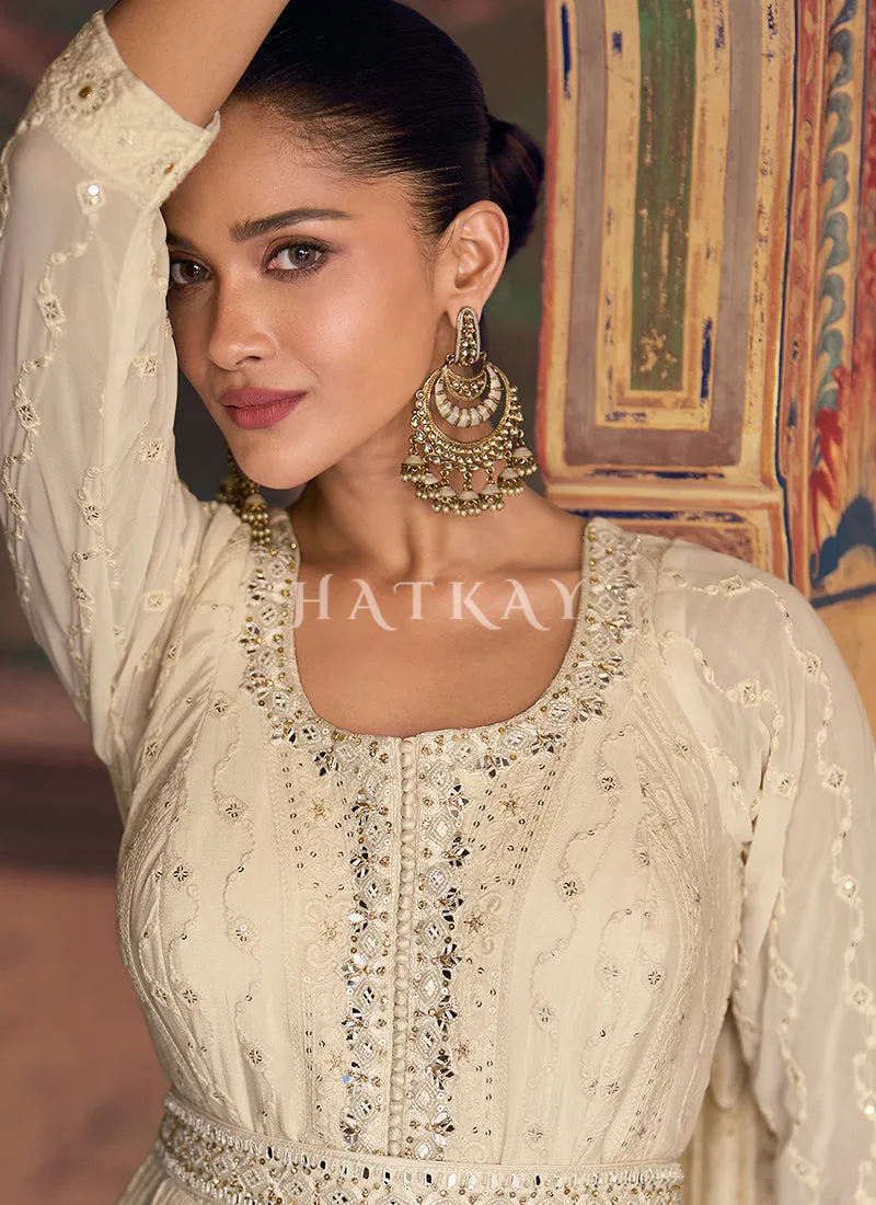 Ivory And Maroon Chikankari Anarkali Dress