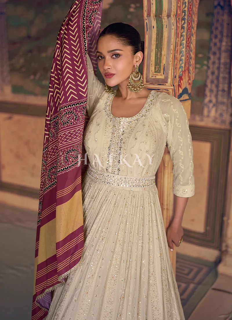 Ivory And Maroon Chikankari Anarkali Dress