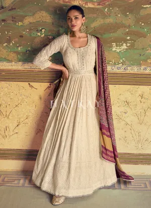 Ivory And Maroon Chikankari Anarkali Dress