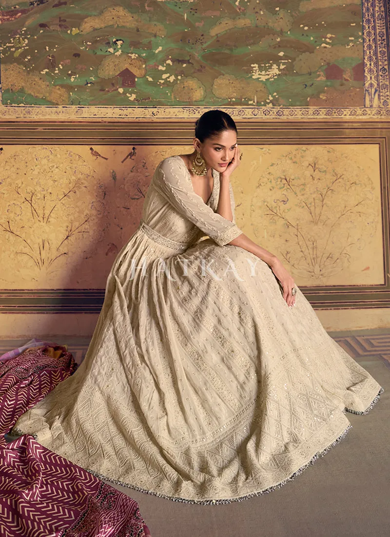 Ivory And Maroon Chikankari Anarkali Dress