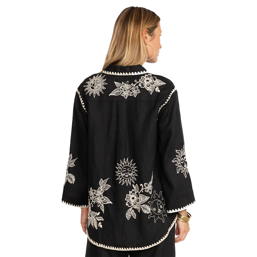 Johnny Was Addison Kimono Sleeve Shirt White Floral Embroidery Top Black New