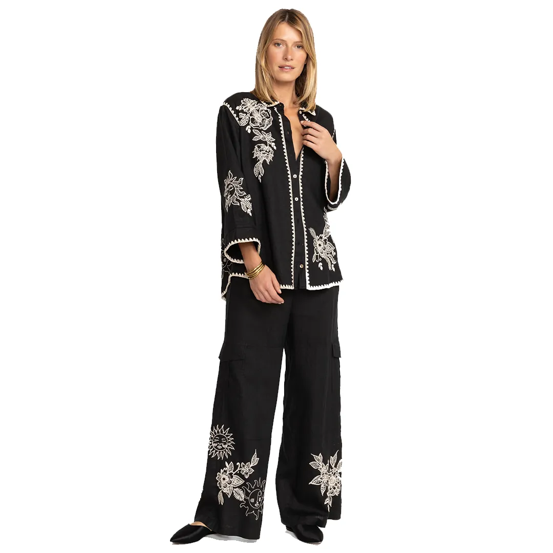 Johnny Was Addison Kimono Sleeve Shirt White Floral Embroidery Top Black New