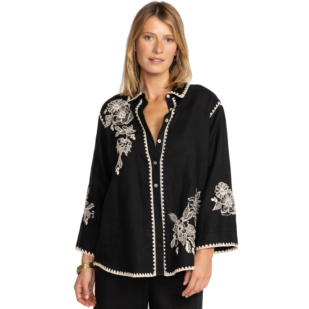 Johnny Was Addison Kimono Sleeve Shirt White Floral Embroidery Top Black New