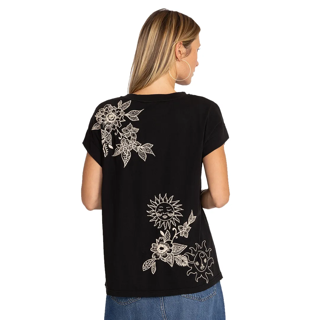 Johnny Was Addison Kimono Sleeve Shirt White Floral Embroidery Top Black New