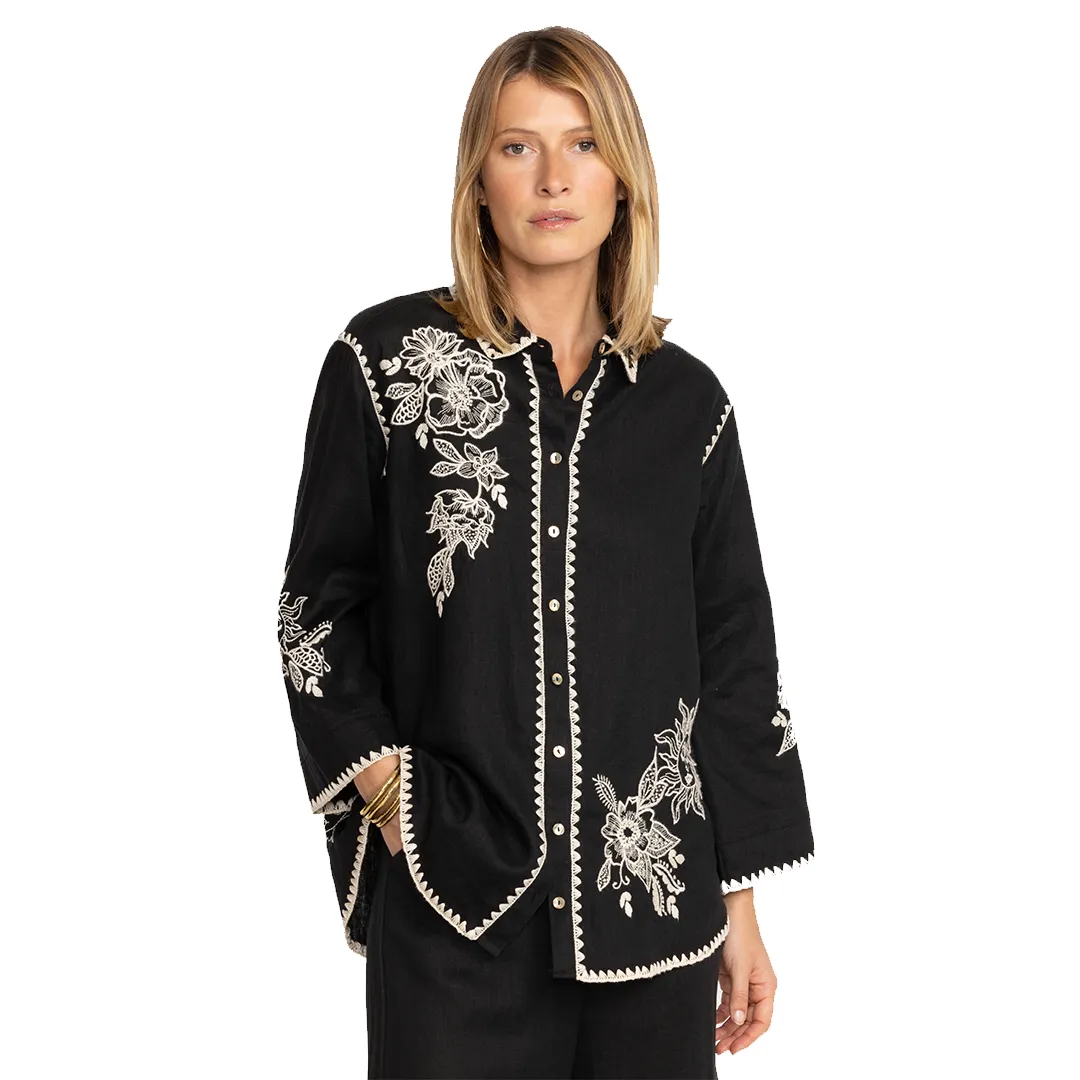 Johnny Was Addison Kimono Sleeve Shirt White Floral Embroidery Top Black New