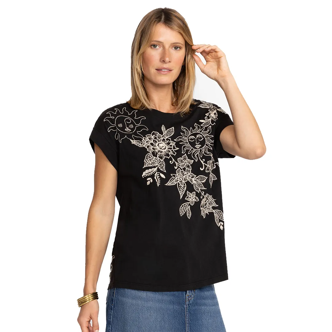 Johnny Was Addison Kimono Sleeve Shirt White Floral Embroidery Top Black New