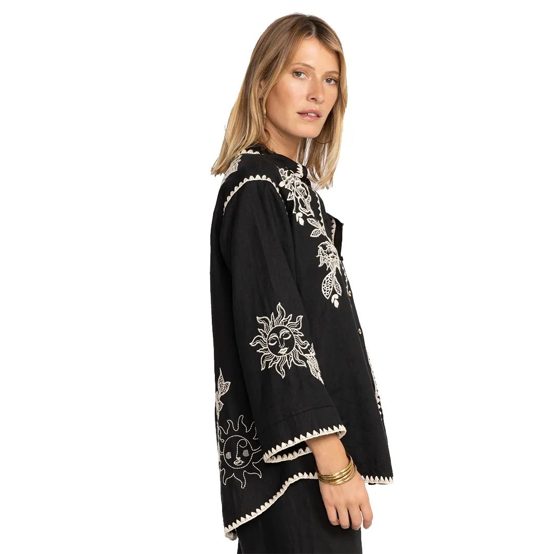 Johnny Was Addison Kimono Sleeve Shirt White Floral Embroidery Top Black New