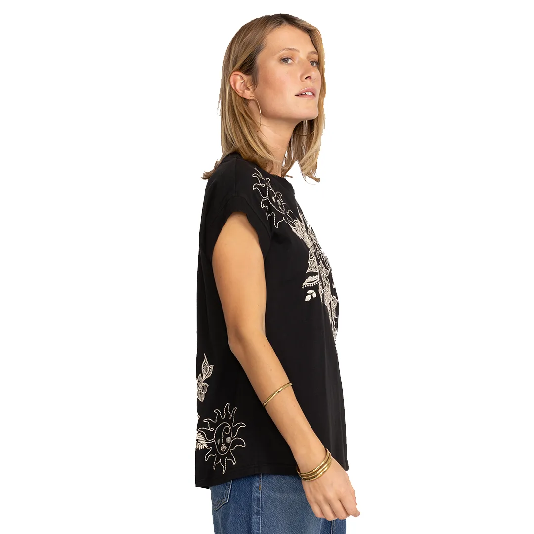 Johnny Was Addison Kimono Sleeve Shirt White Floral Embroidery Top Black New