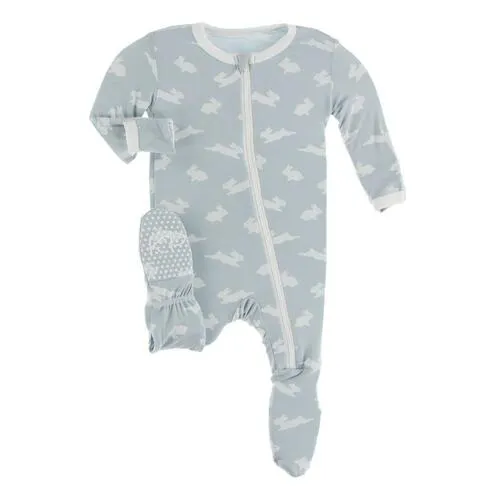 Kickee Pants Print Footie with Zipper (Pearl Blue Bunny)
